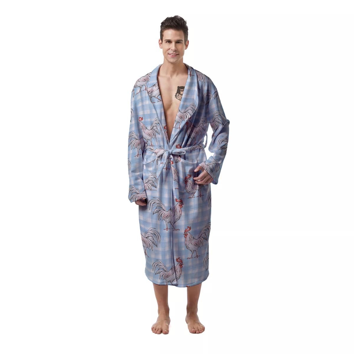 Plaid Rooster Print Pattern Men's Robe-grizzshop