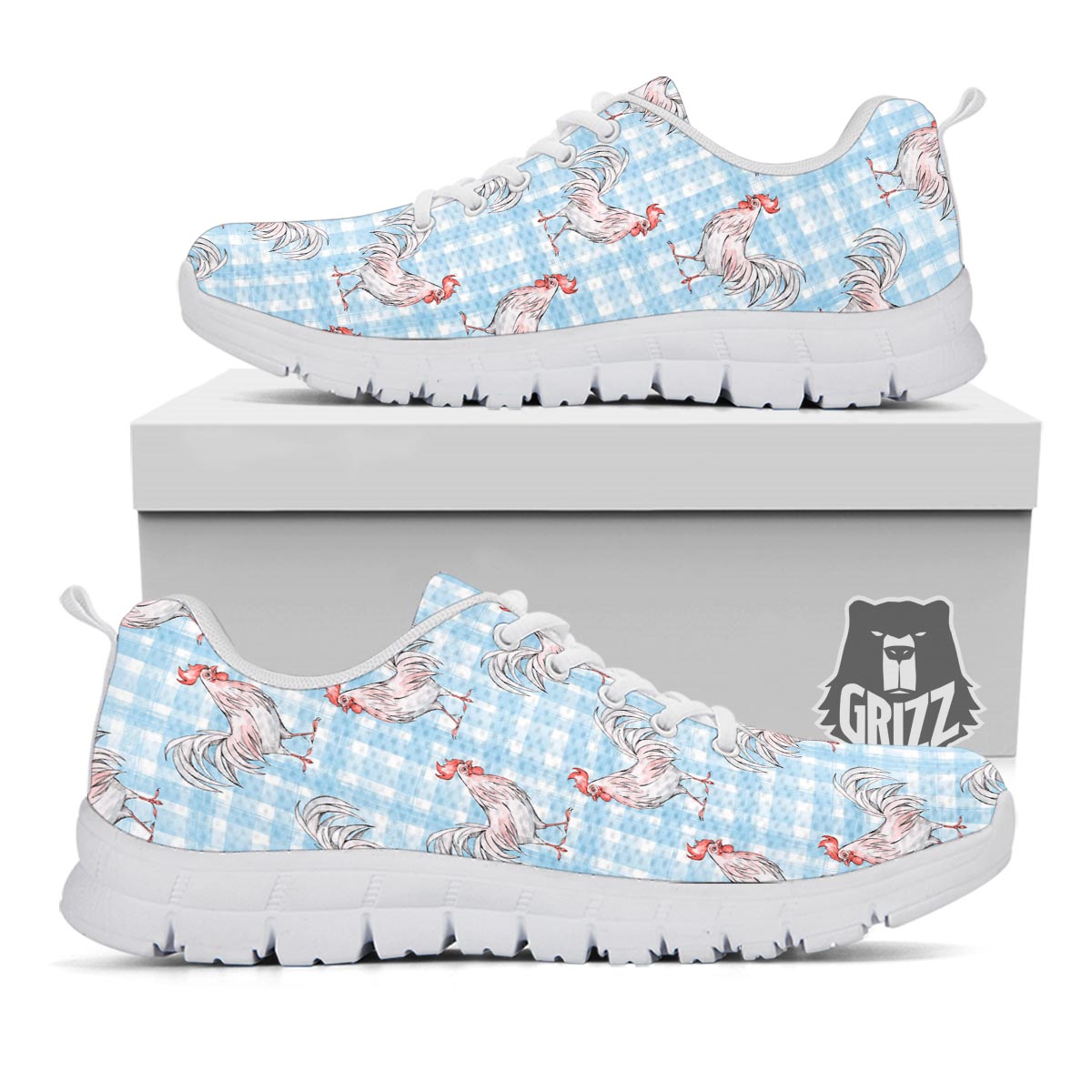 Plaid Rooster Print Pattern White Sneaker-grizzshop