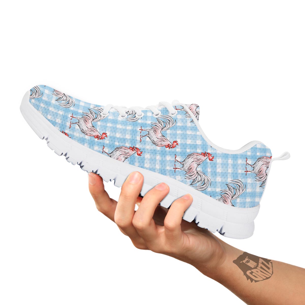 Plaid Rooster Print Pattern White Sneaker-grizzshop
