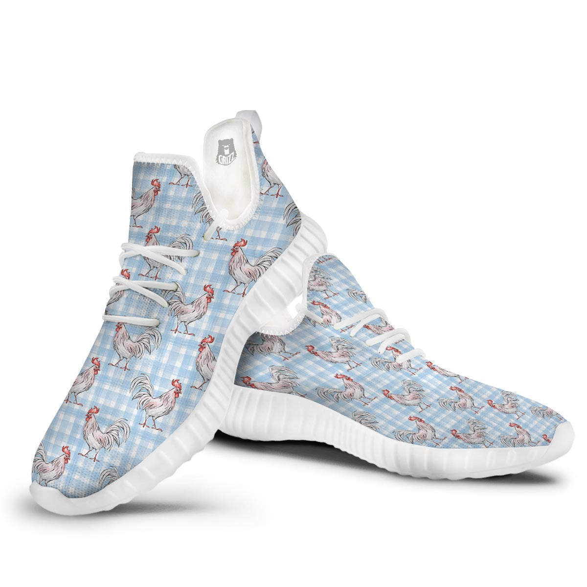 Plaid Rooster Print Pattern White Walking Shoes-grizzshop