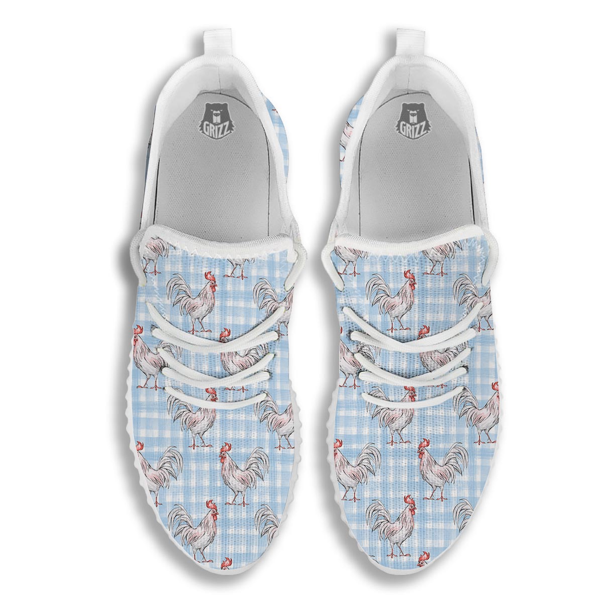 Plaid Rooster Print Pattern White Walking Shoes-grizzshop