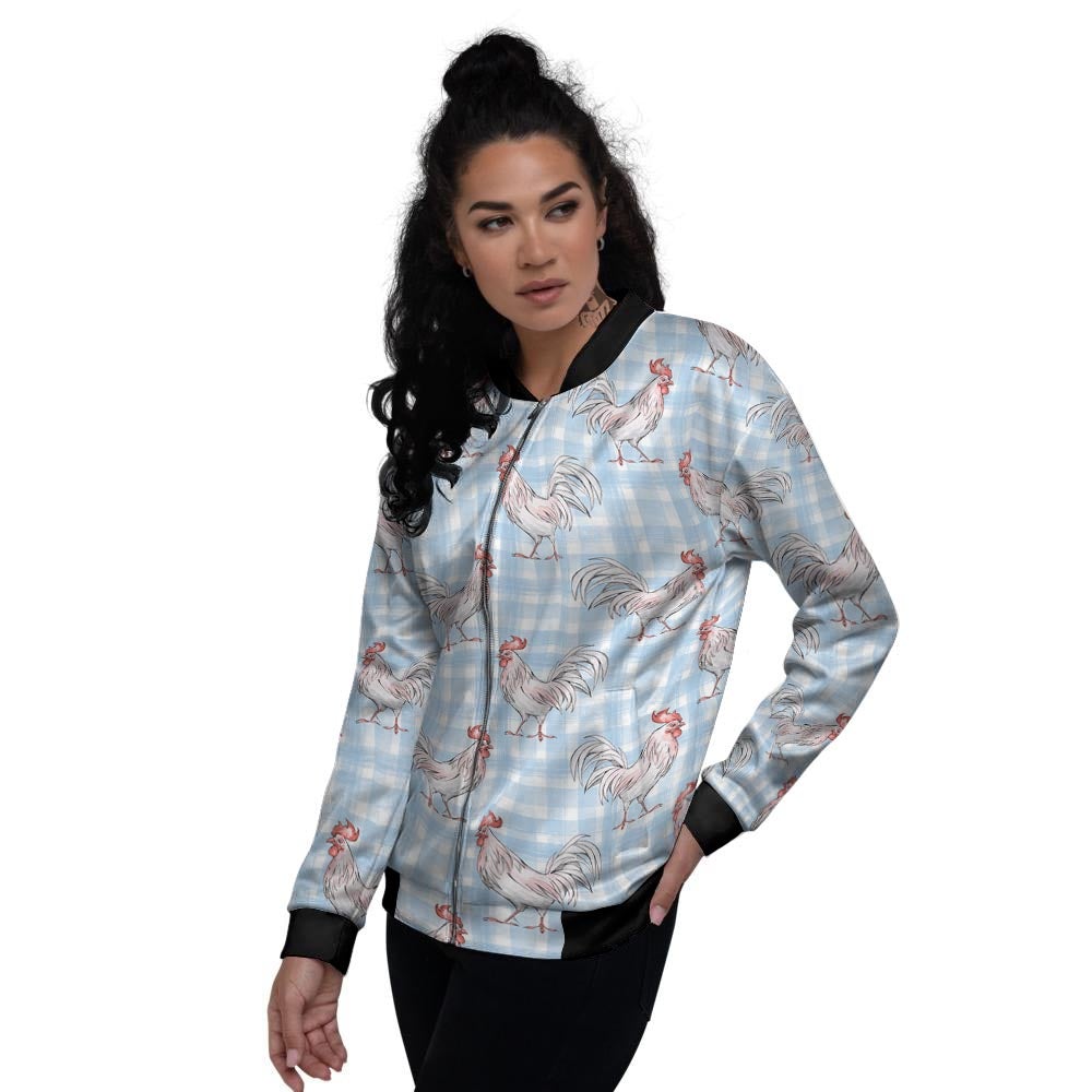 Plaid Rooster Print Pattern Women's Bomber Jacket-grizzshop
