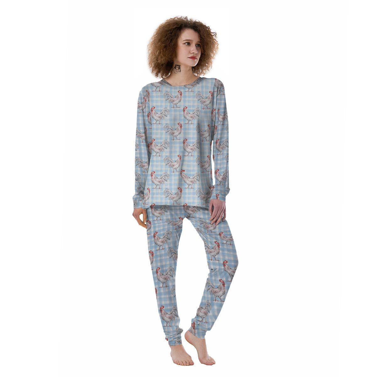 Plaid Rooster Print Pattern Women's Pajamas-grizzshop