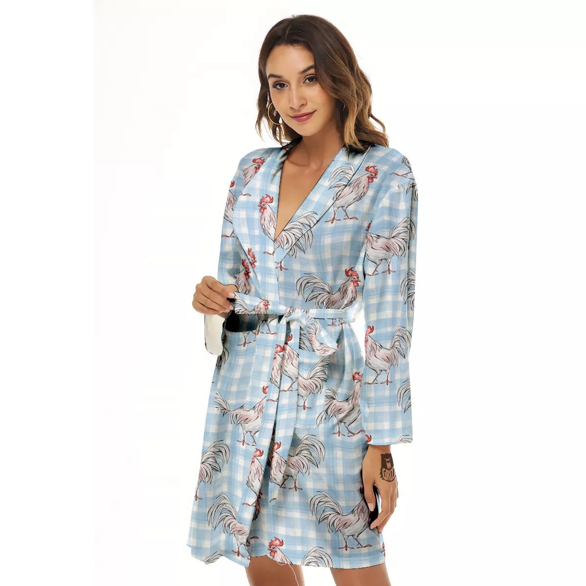 Plaid Rooster Print Pattern Women's Robe-grizzshop