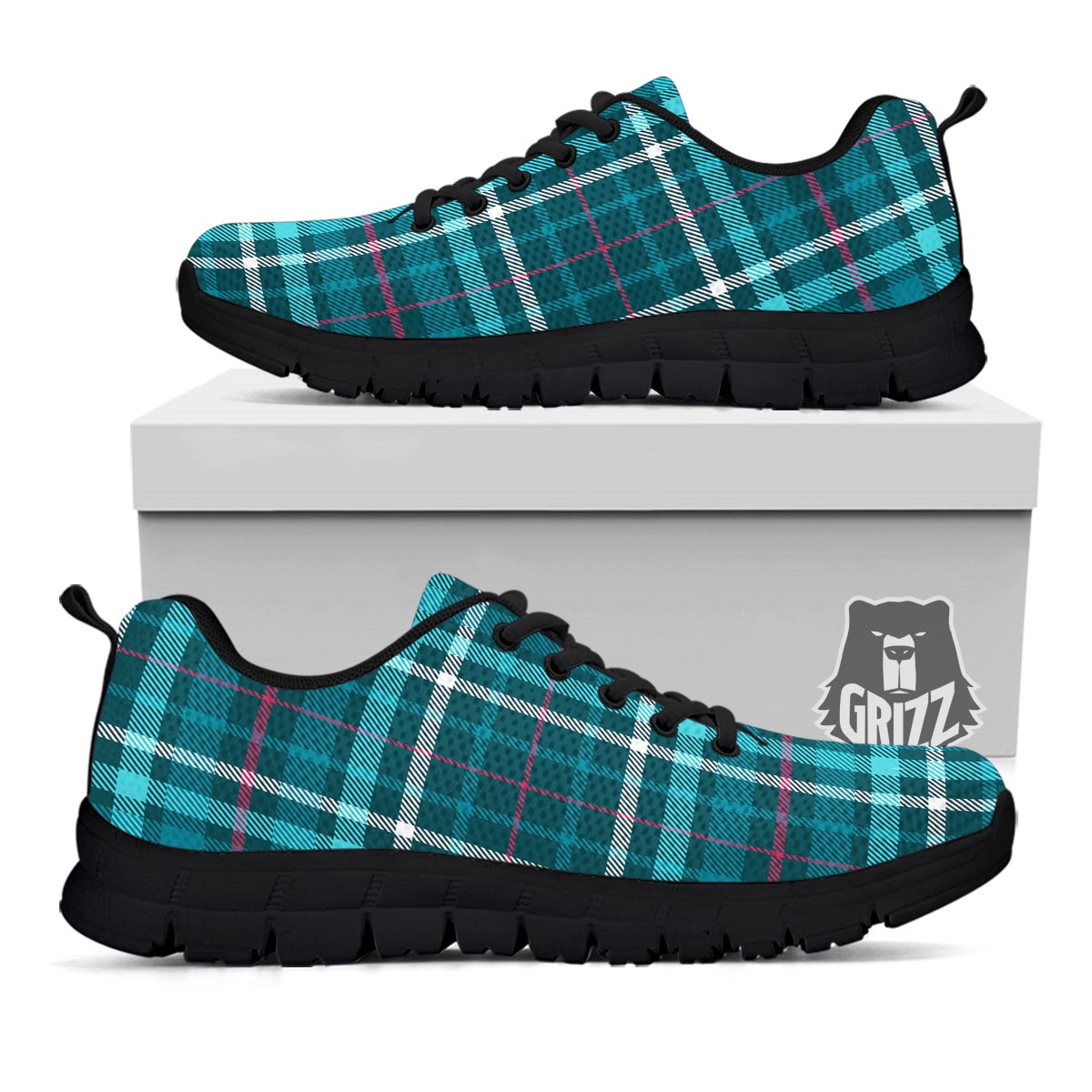 Plaid Teal Print Pattern Black Sneaker-grizzshop