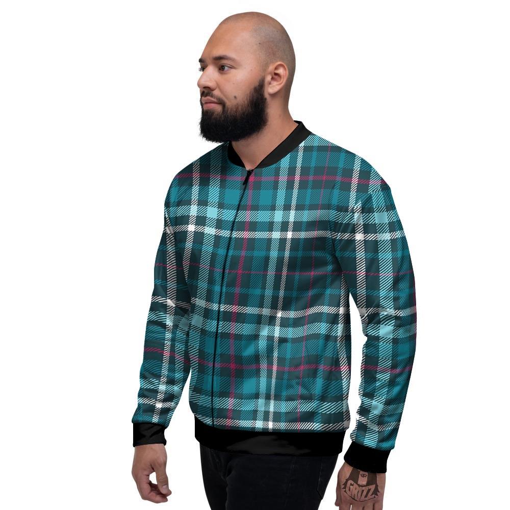 Plaid Teal Print Pattern Men's Bomber Jacket-grizzshop