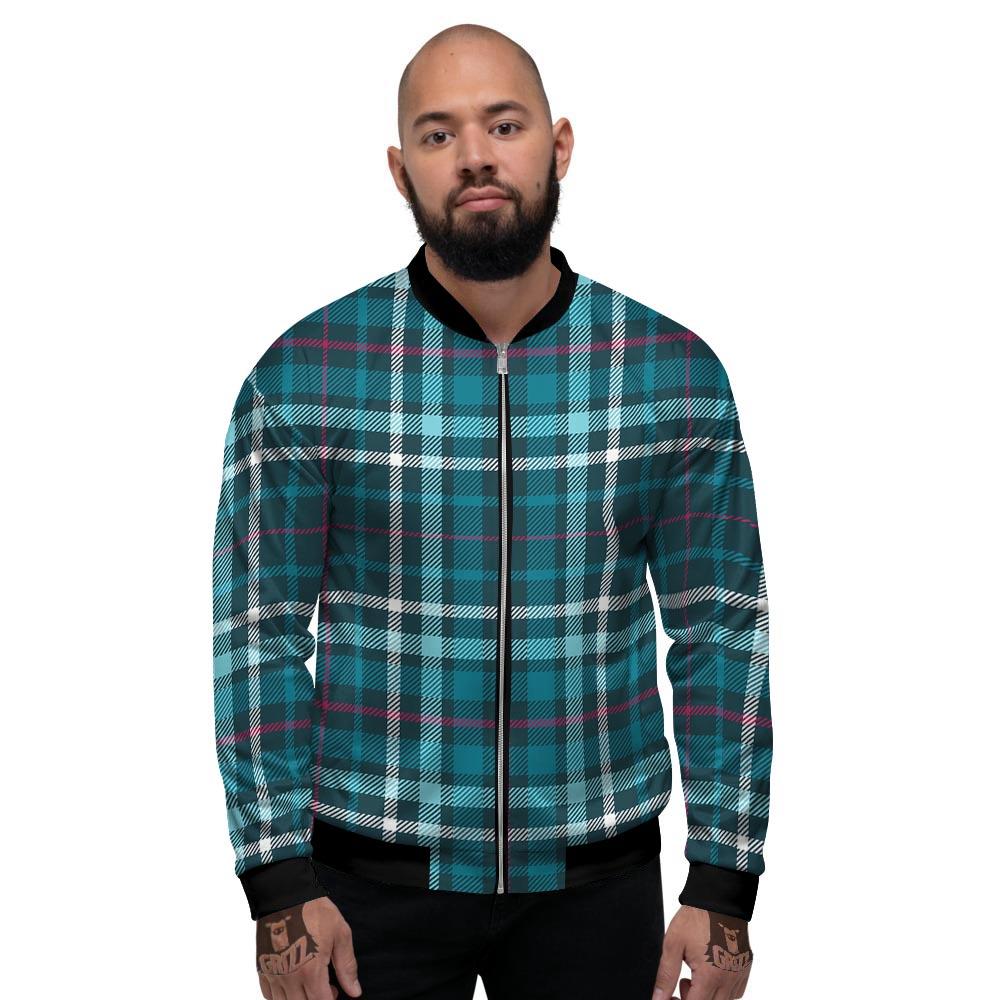 Plaid Teal Print Pattern Men's Bomber Jacket-grizzshop