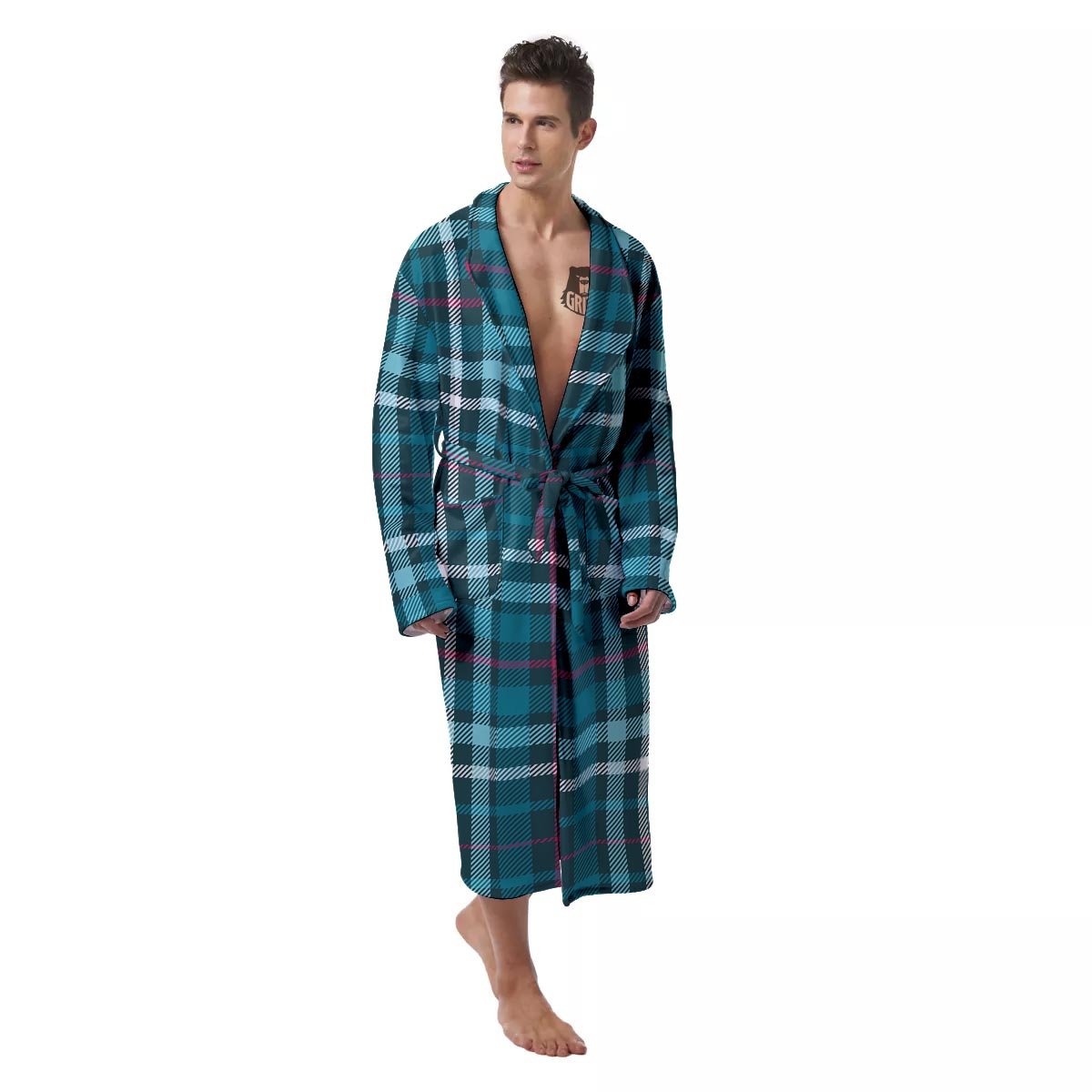 Plaid Teal Print Pattern Men's Robe-grizzshop