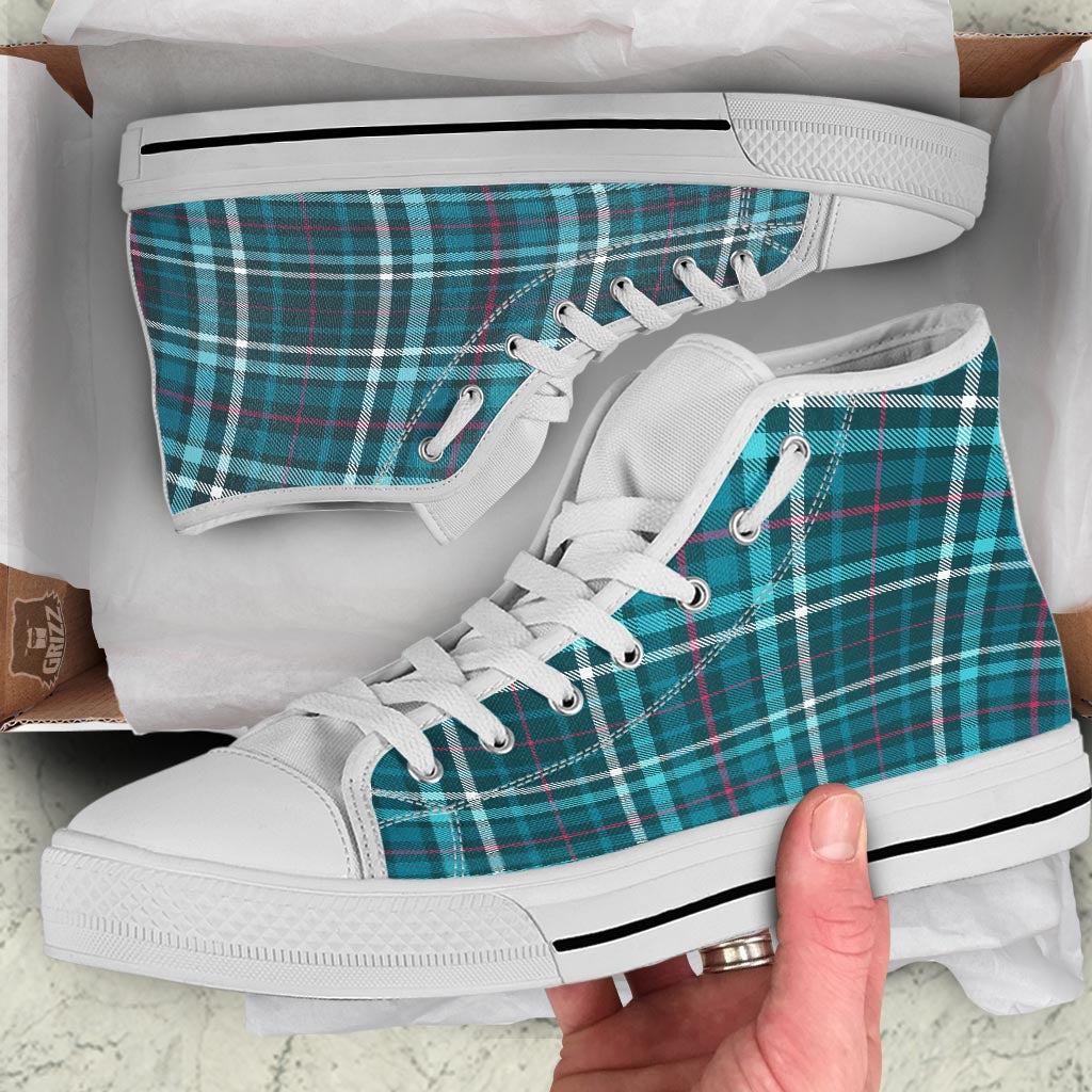 Plaid Teal Print Pattern White High Top Shoes-grizzshop