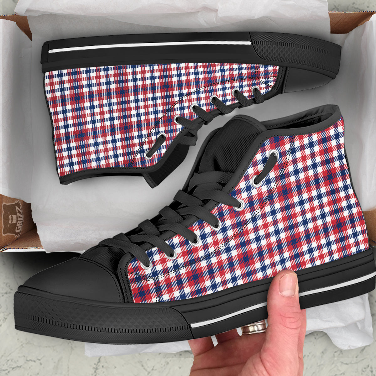 Plaid USA Patriotic Print Pattern Black High Top Shoes-grizzshop