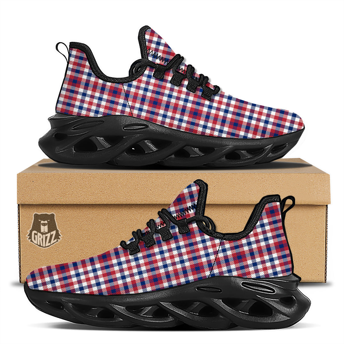 Plaid USA Patriotic Print Pattern Black Running Shoes-grizzshop