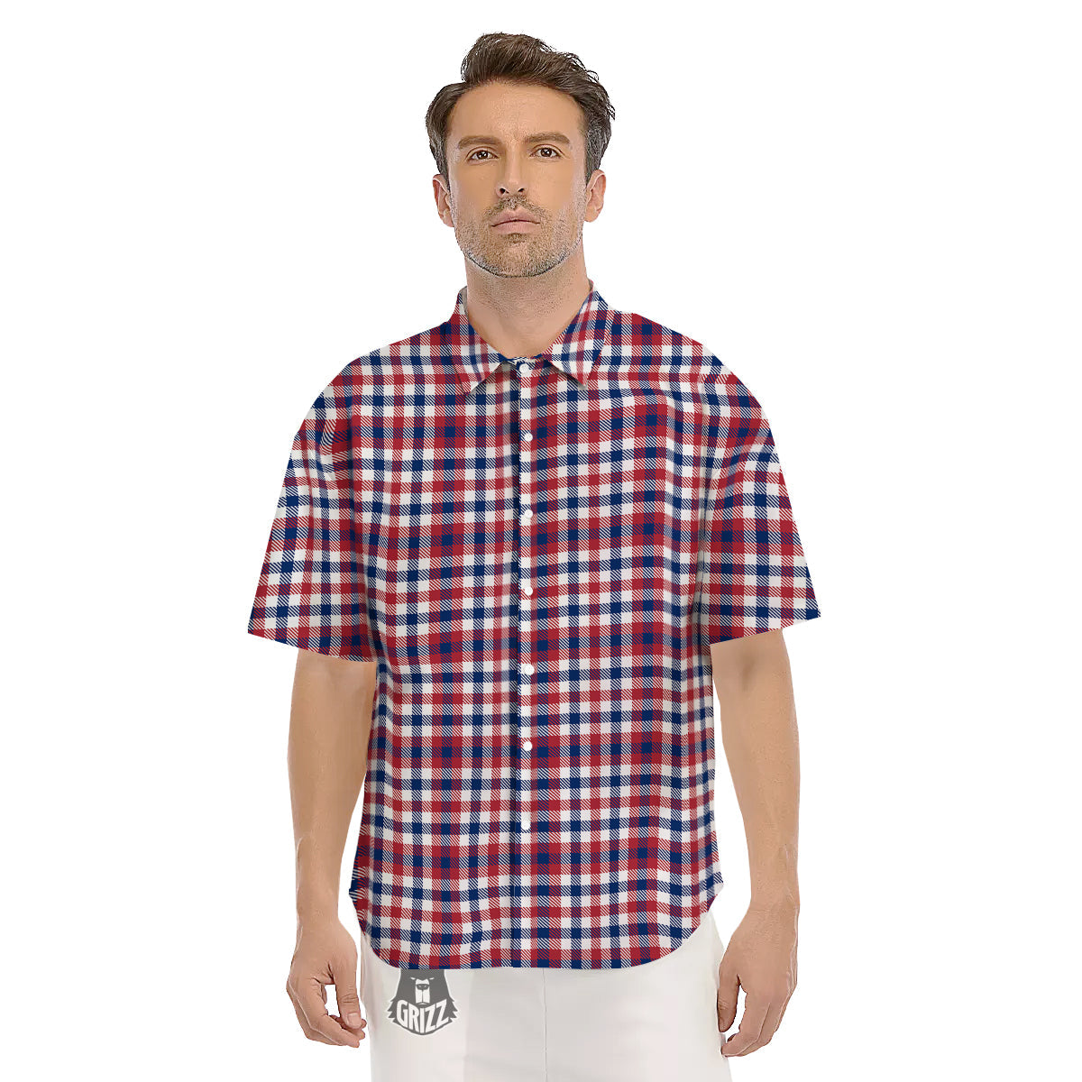 Plaid USA Patriotic Print Pattern Men's Short Sleeve Shirts-grizzshop