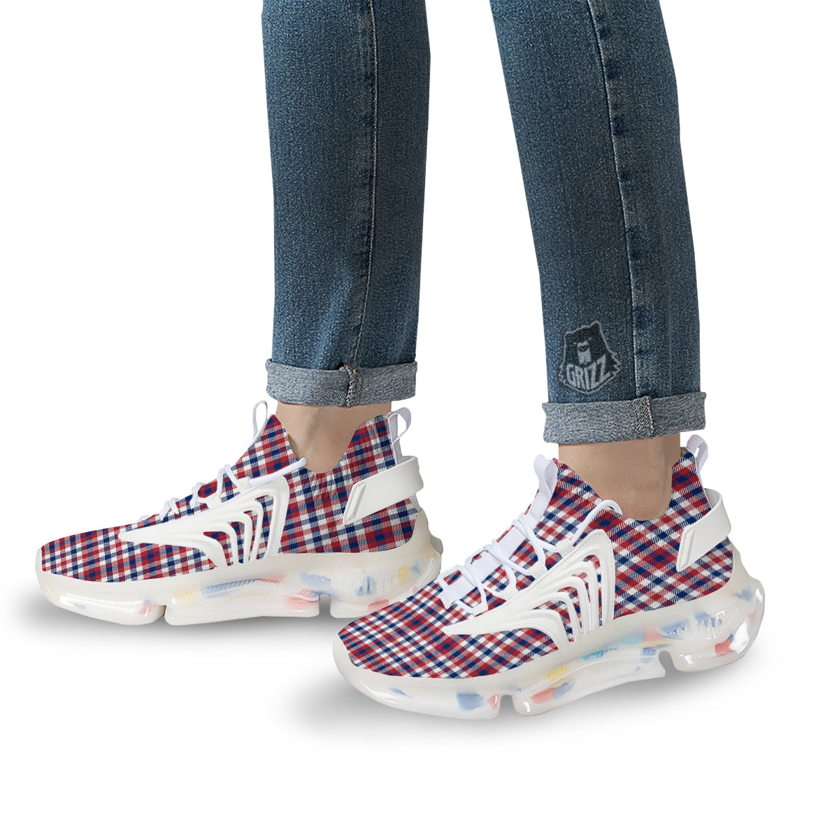 Plaid USA Patriotic Print Pattern White Gym Shoes-grizzshop