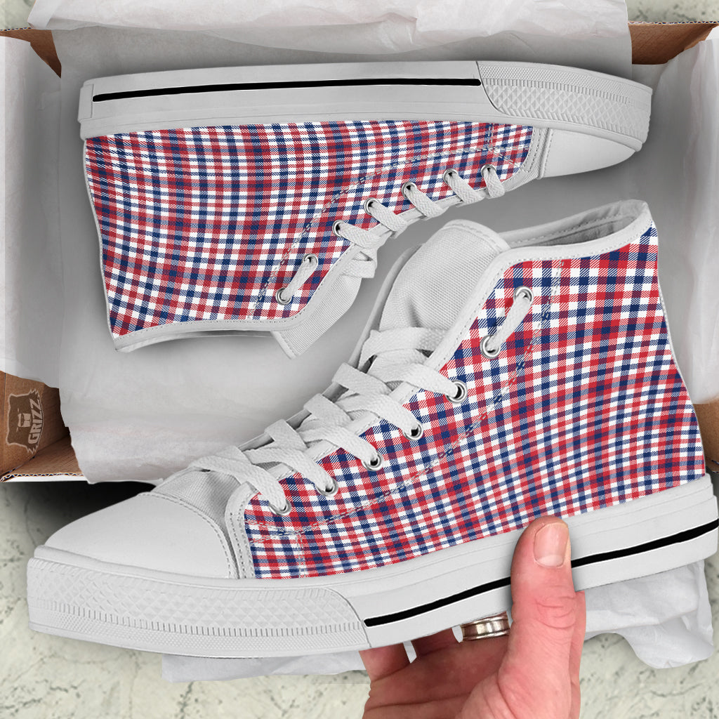 Plaid USA Patriotic Print Pattern White High Top Shoes-grizzshop