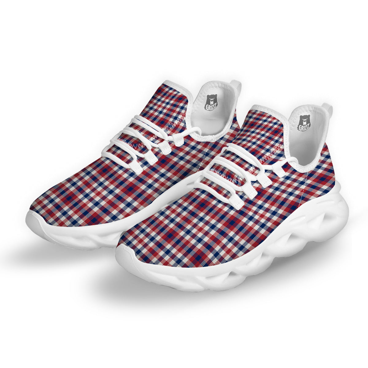 Plaid USA Patriotic Print Pattern White Running Shoes-grizzshop