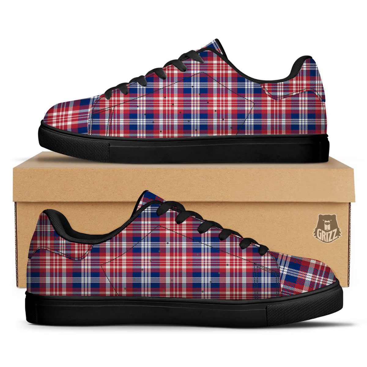 Plaid USA Print Pattern Black Low Top Sneakers-grizzshop