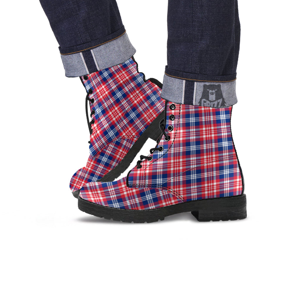 Plaid USA Print Pattern Leather Boots-grizzshop