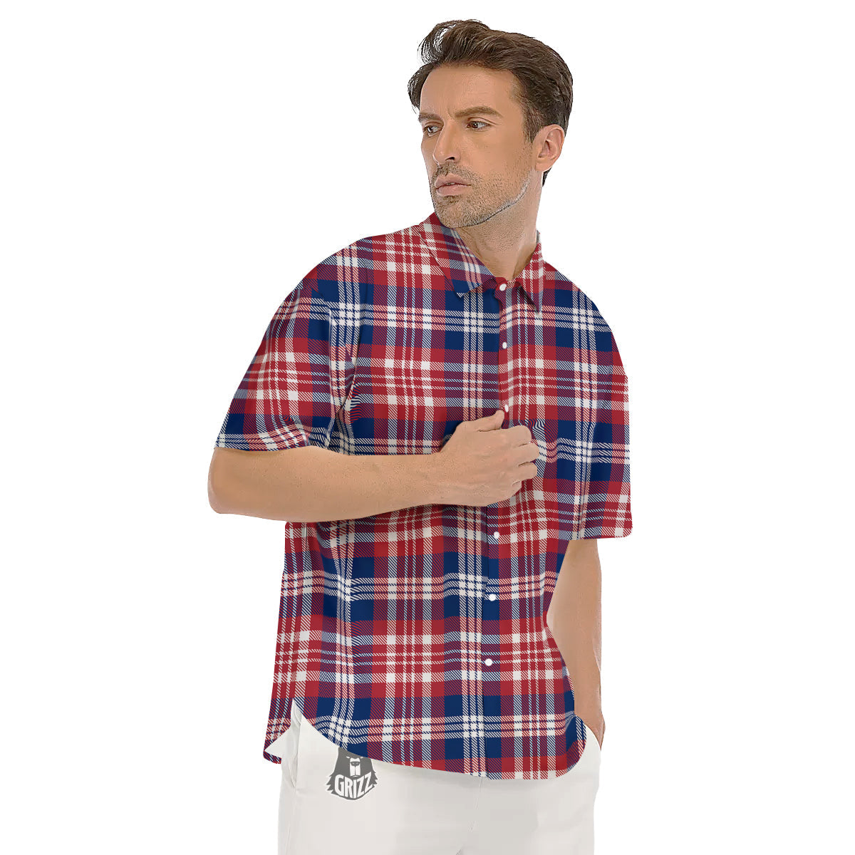 Plaid USA Print Pattern Men's Short Sleeve Shirts-grizzshop