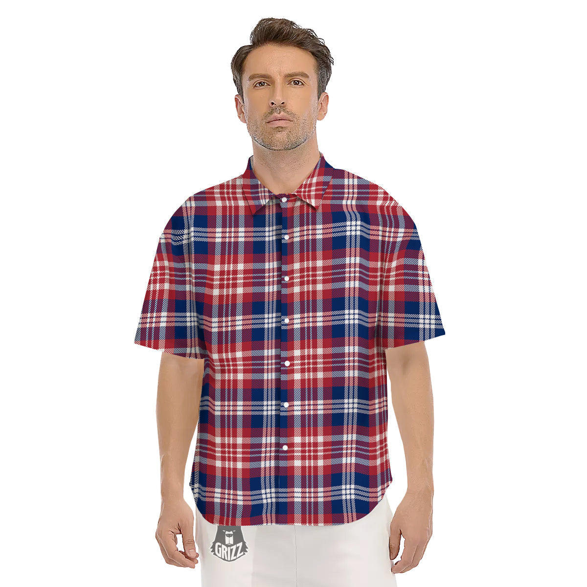 Plaid USA Print Pattern Men's Short Sleeve Shirts-grizzshop