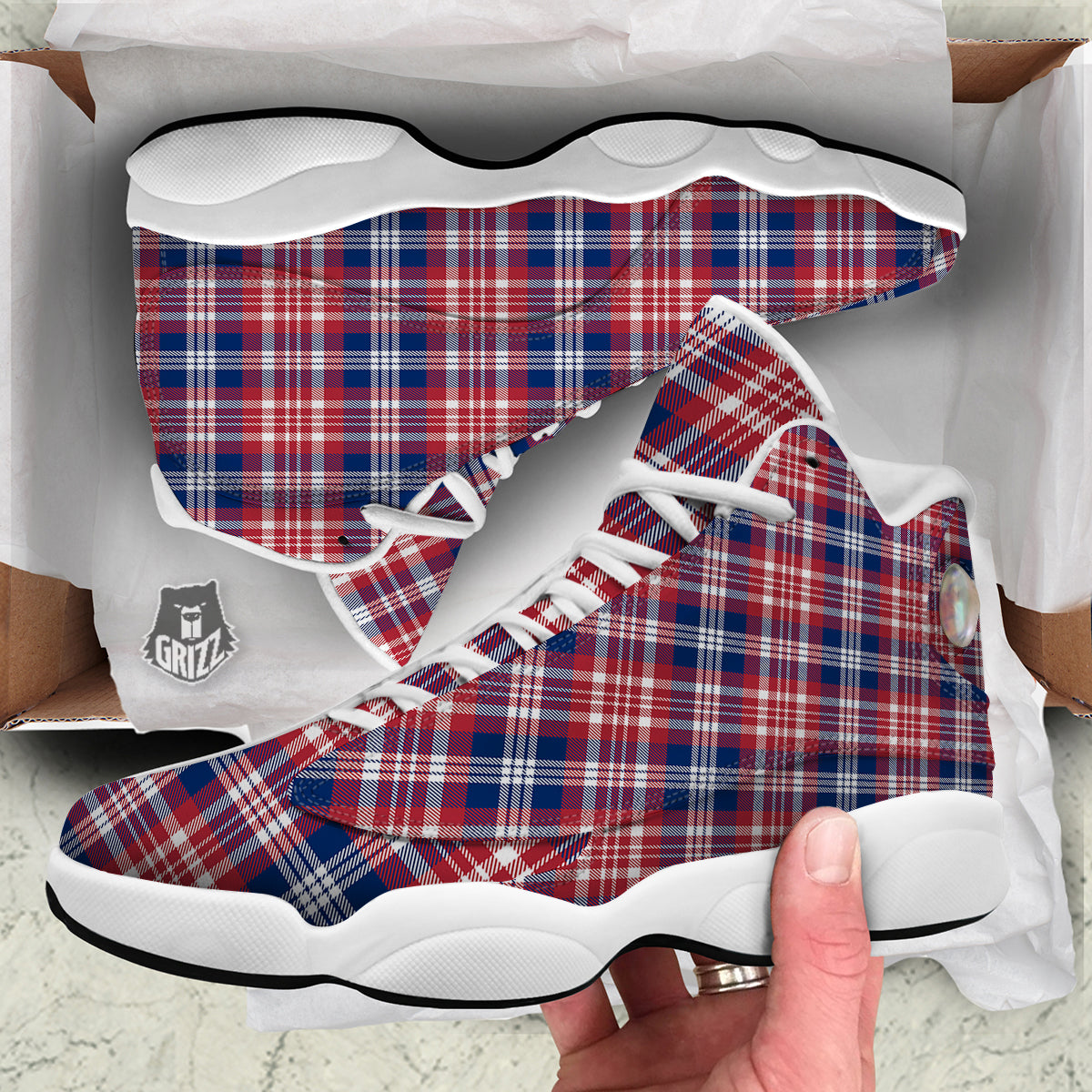 Plaid USA Print Pattern White Basketball Shoes-grizzshop