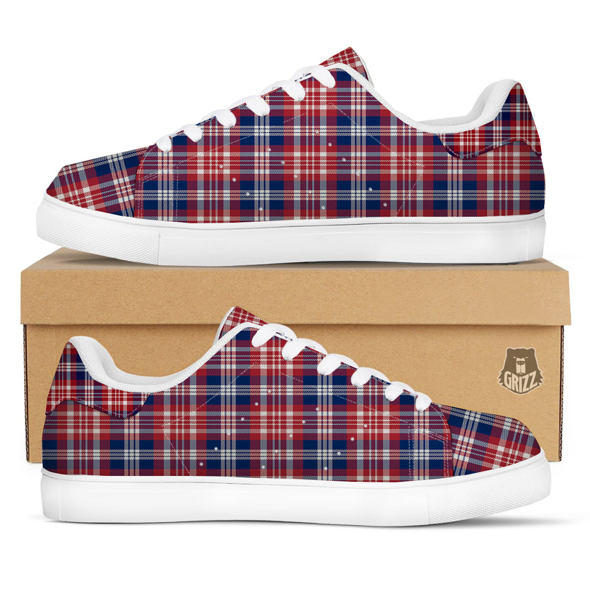 Plaid USA Print Pattern White Low Top Sneakers-grizzshop