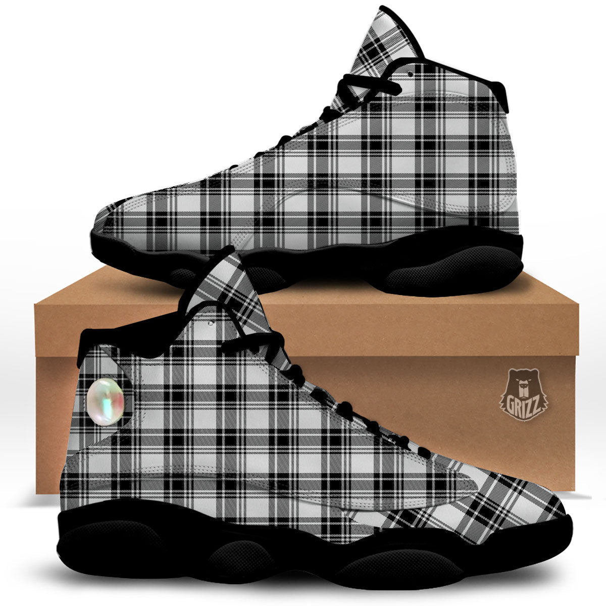 Plaid White And Black Print Pattern Black Basketball Shoes-grizzshop