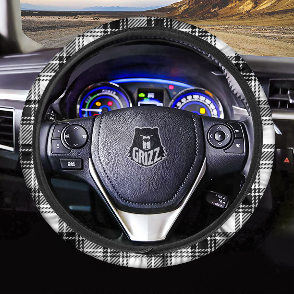 Plaid White And Black Print Pattern Car Steering Wheel Cover-grizzshop