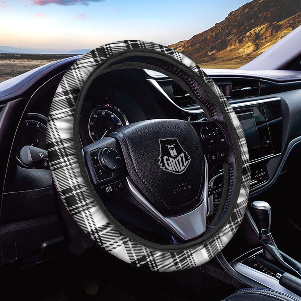 Plaid White And Black Print Pattern Car Steering Wheel Cover-grizzshop
