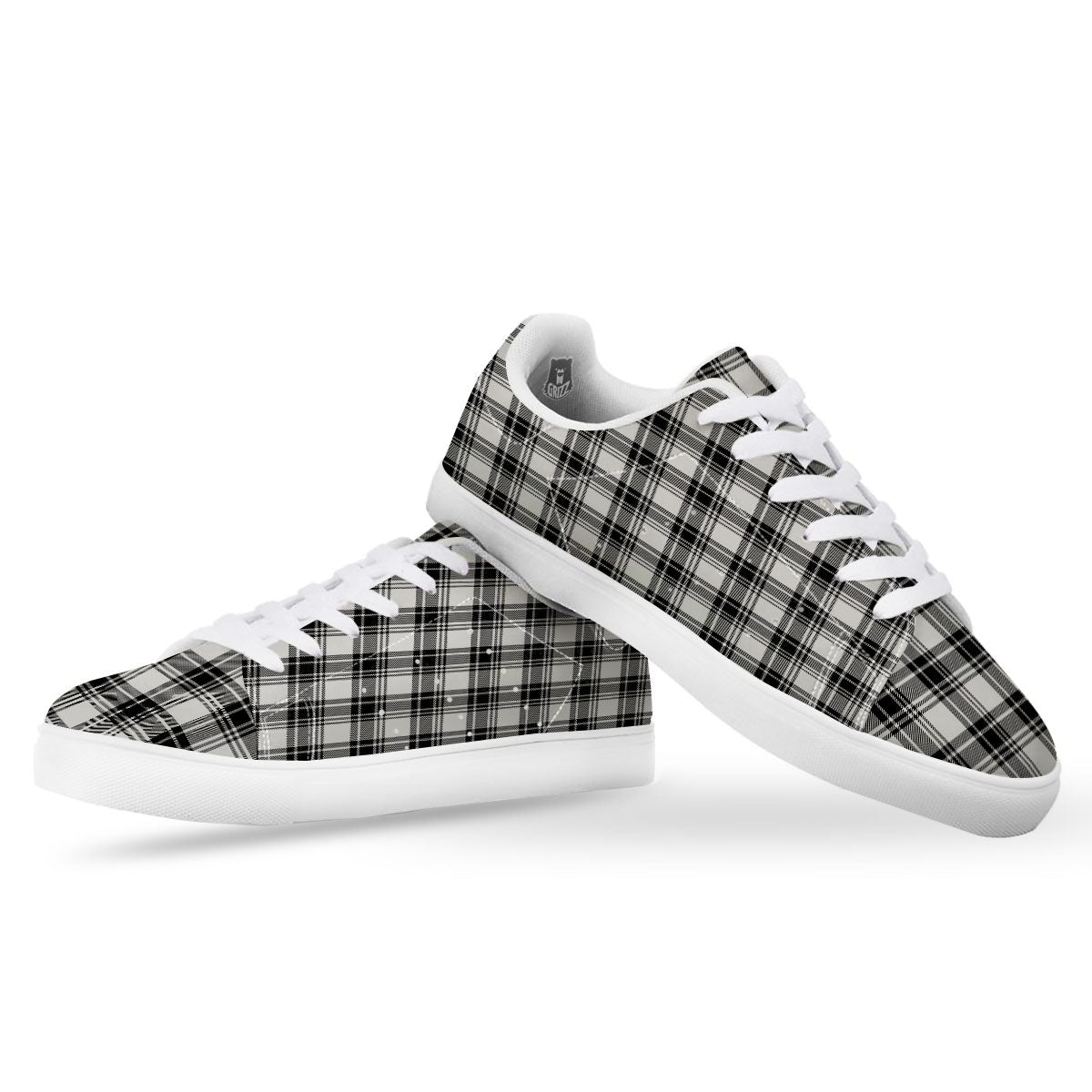 Plaid White And Black Print Pattern White Low Top Sneakers-grizzshop