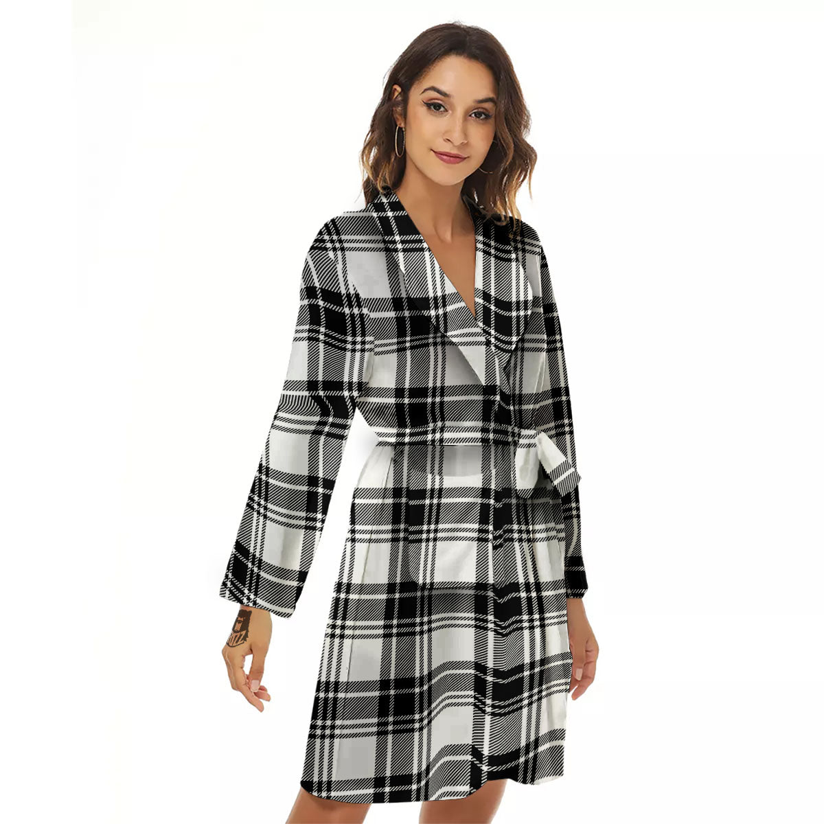 Plaid White And Black Print Pattern Women's Robe-grizzshop