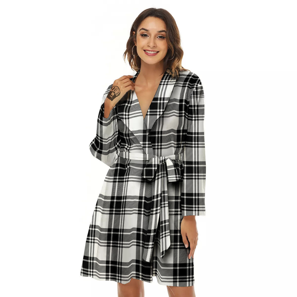 Plaid White And Black Print Pattern Women's Robe-grizzshop