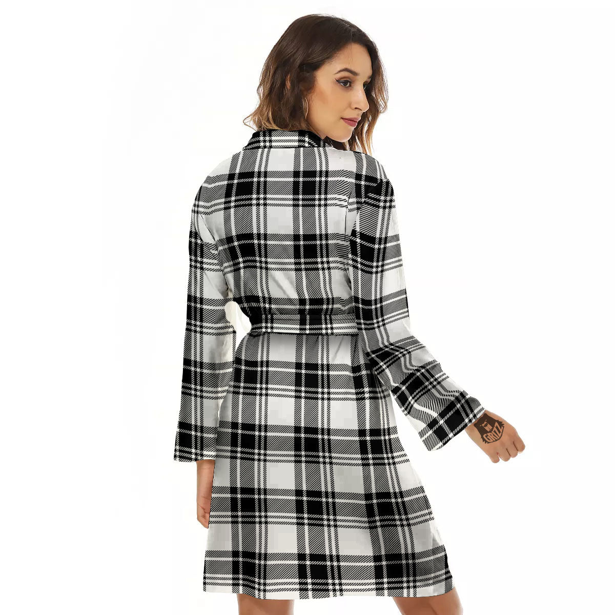 Plaid White And Black Print Pattern Women's Robe-grizzshop