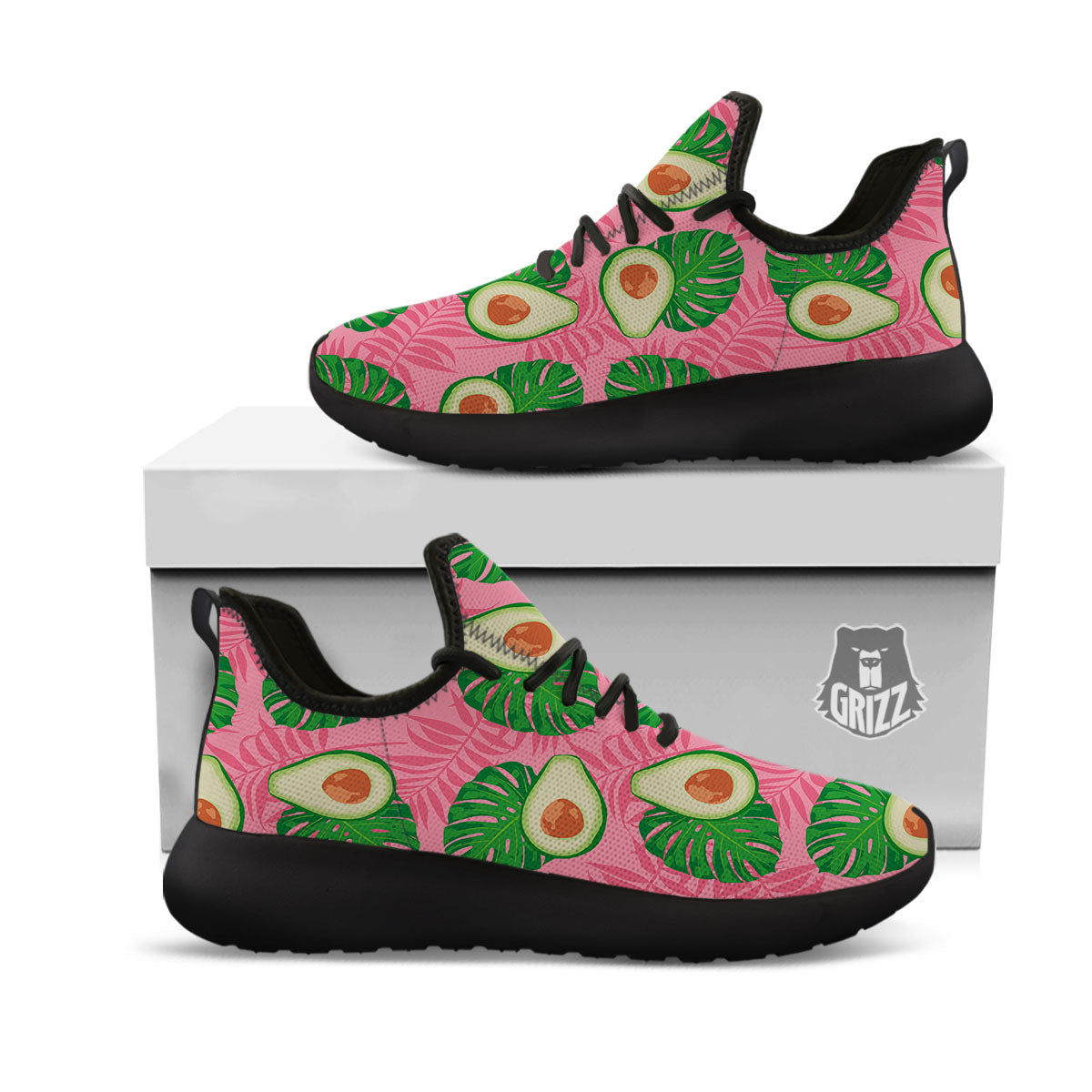 Plam Leaf And Avocado Pink Print Pattern Black Athletic Shoes-grizzshop
