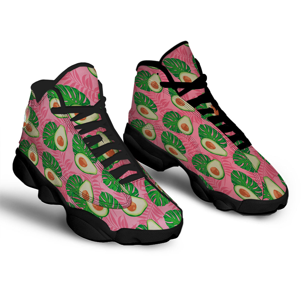 Plam Leaf And Avocado Pink Print Pattern Black Basketball Shoes-grizzshop