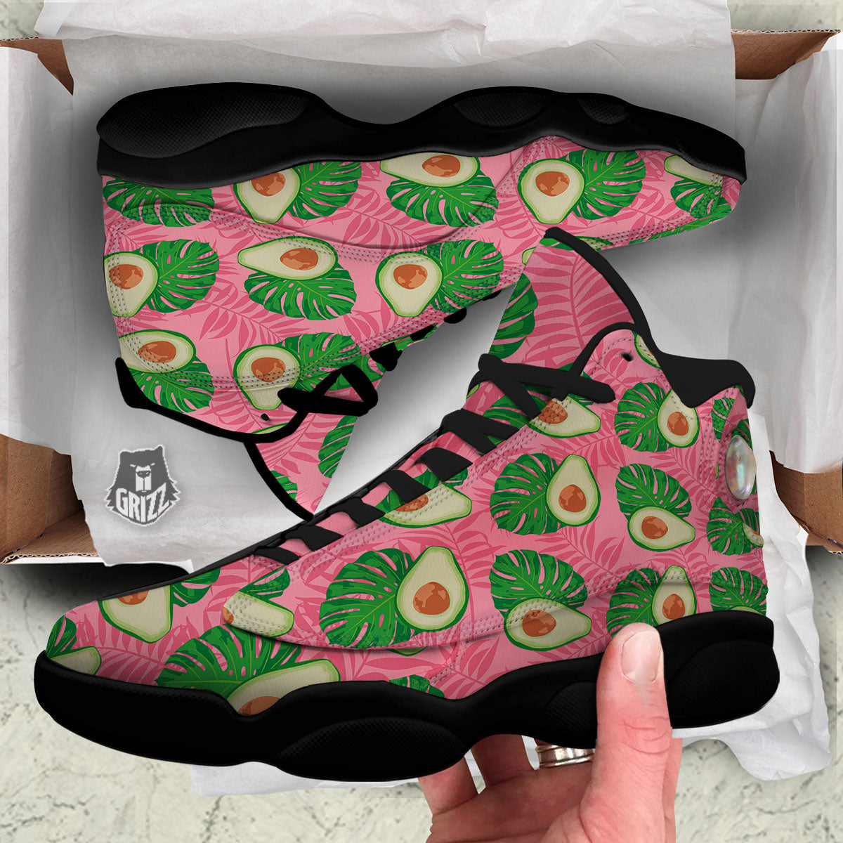 Plam Leaf And Avocado Pink Print Pattern Black Basketball Shoes-grizzshop