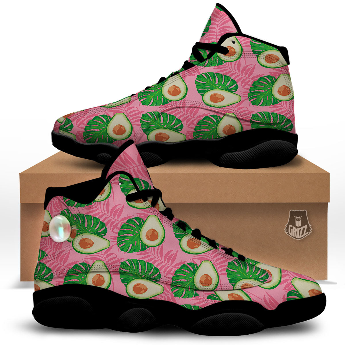 Plam Leaf And Avocado Pink Print Pattern Black Basketball Shoes-grizzshop