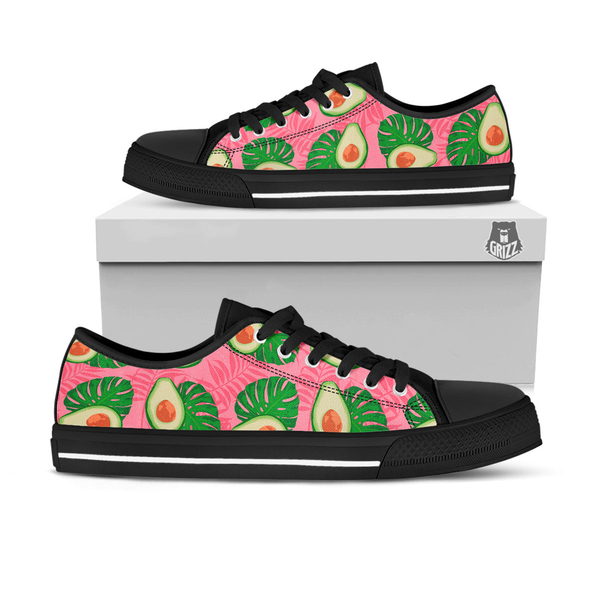 Plam Leaf And Avocado Pink Print Pattern Black Low Top Shoes-grizzshop