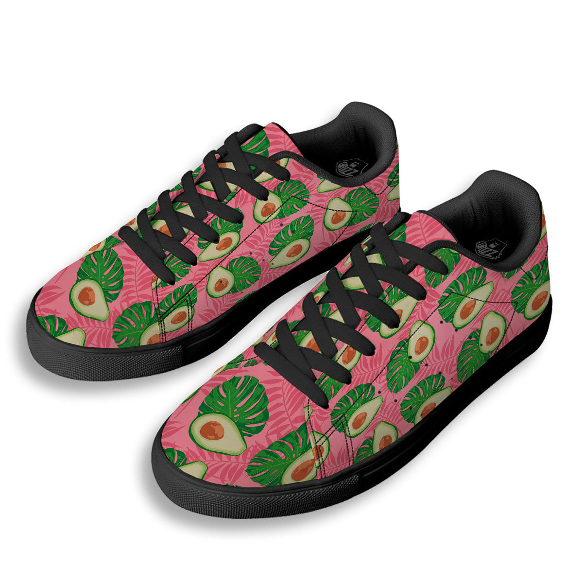 Plam Leaf And Avocado Pink Print Pattern Black Low Top Sneakers-grizzshop