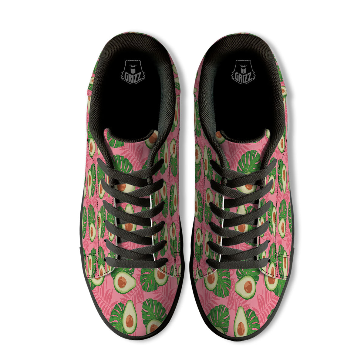 Plam Leaf And Avocado Pink Print Pattern Black Low Top Sneakers-grizzshop