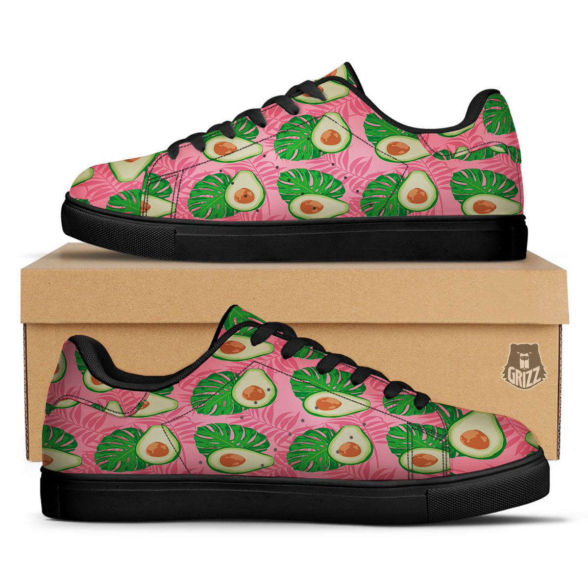 Plam Leaf And Avocado Pink Print Pattern Black Low Top Sneakers-grizzshop