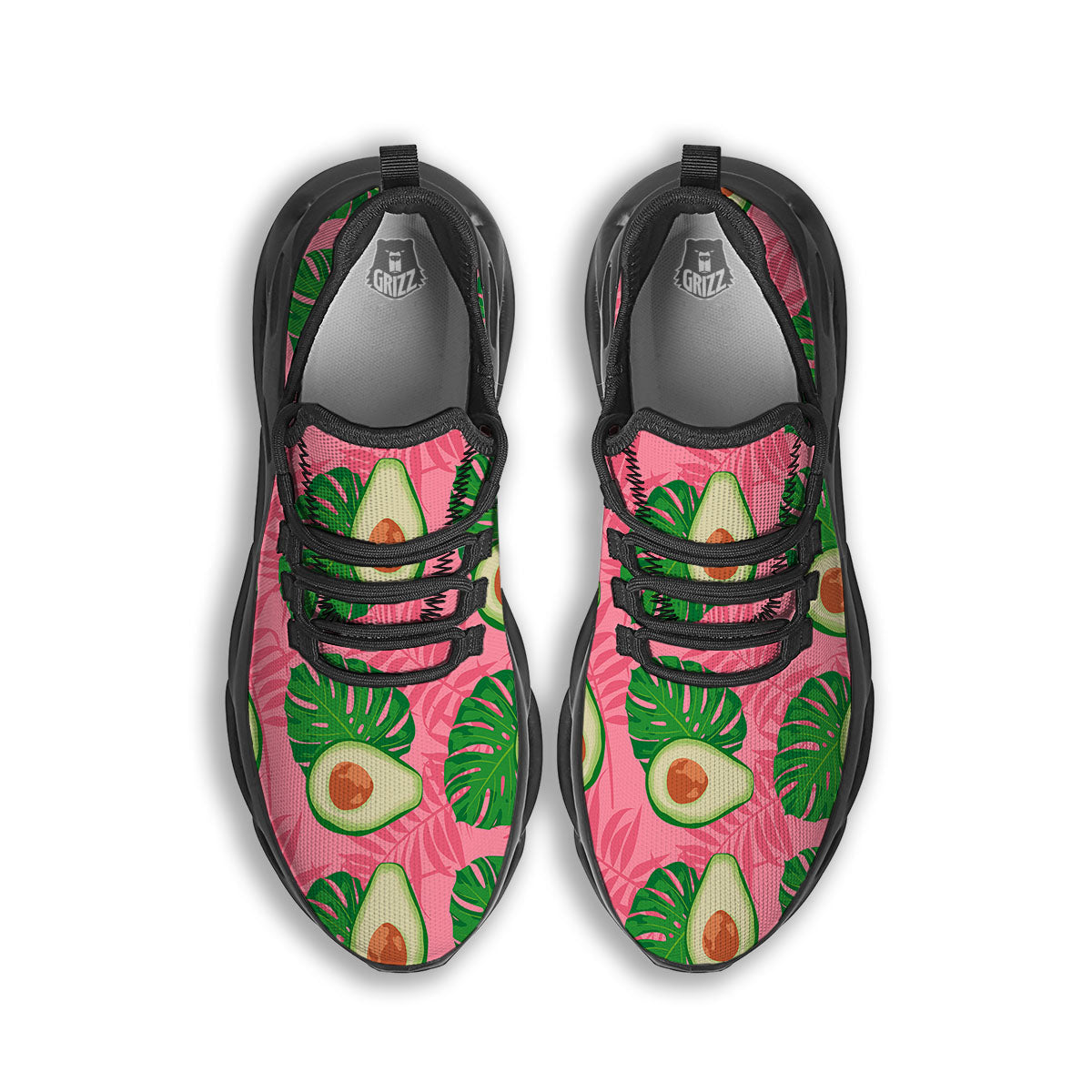 Plam Leaf And Avocado Pink Print Pattern Black Running Shoes-grizzshop