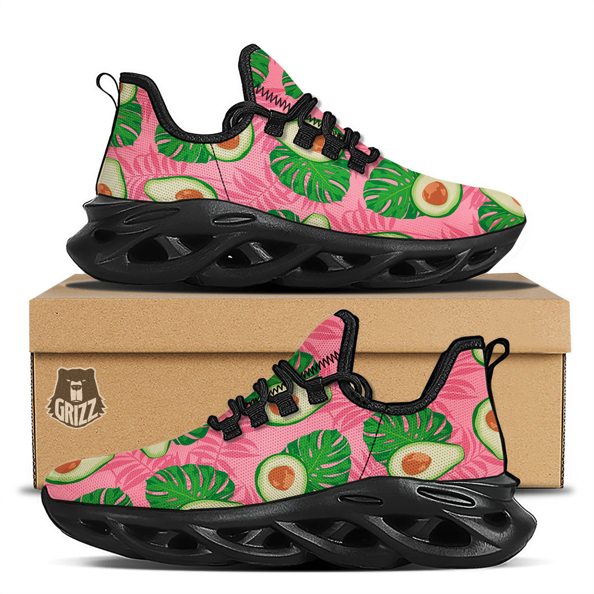 Plam Leaf And Avocado Pink Print Pattern Black Running Shoes-grizzshop