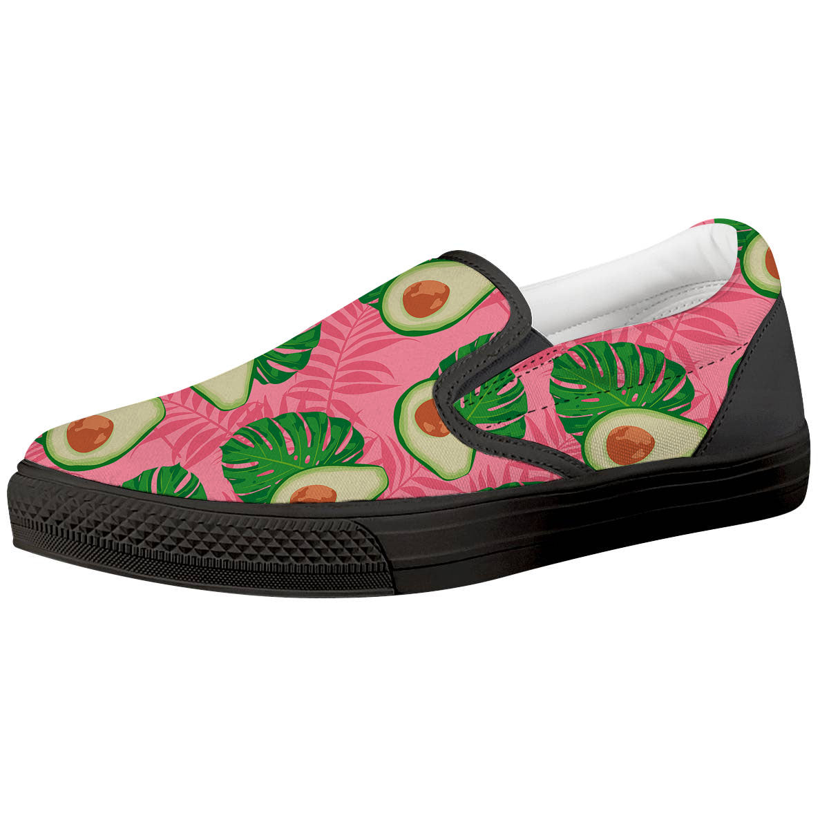 Plam Leaf And Avocado Pink Print Pattern Black Slip On Shoes-grizzshop
