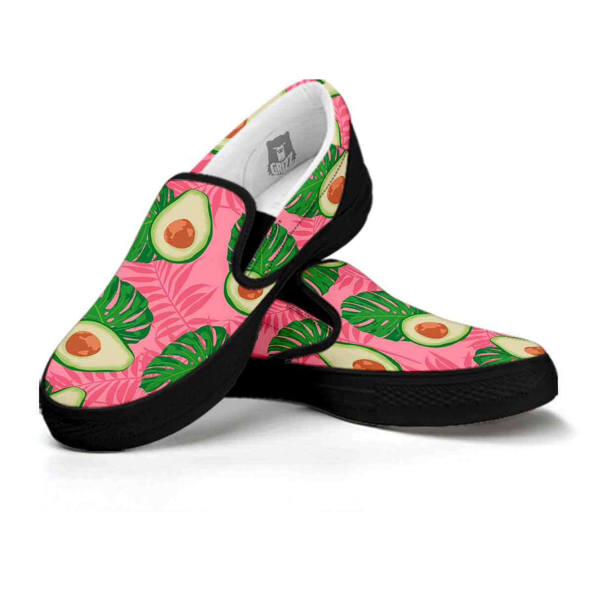 Plam Leaf And Avocado Pink Print Pattern Black Slip On Shoes-grizzshop