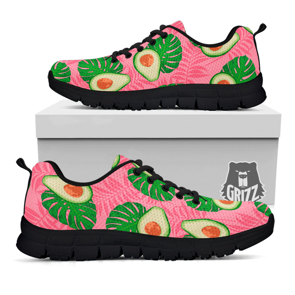 Plam Leaf And Avocado Pink Print Pattern Black Sneaker-grizzshop