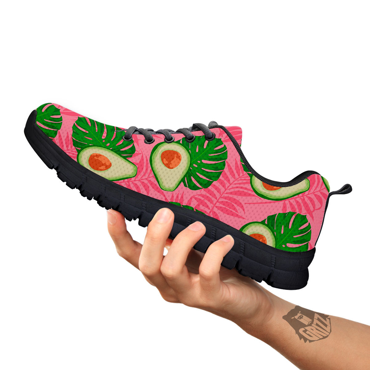 Plam Leaf And Avocado Pink Print Pattern Black Sneaker-grizzshop