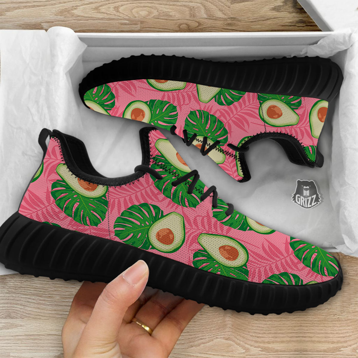 Plam Leaf And Avocado Pink Print Pattern Black Walking Shoes-grizzshop