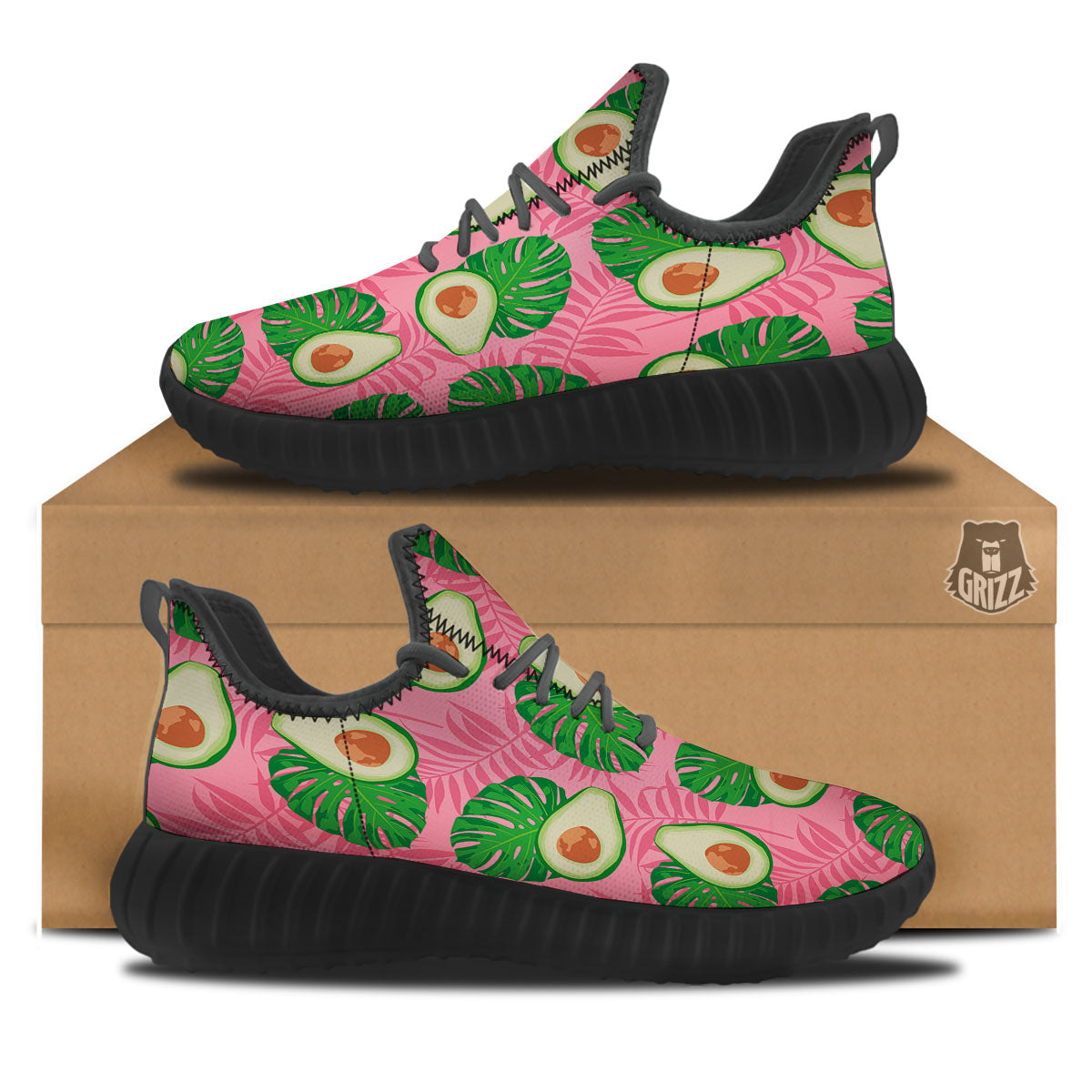 Plam Leaf And Avocado Pink Print Pattern Black Walking Shoes-grizzshop