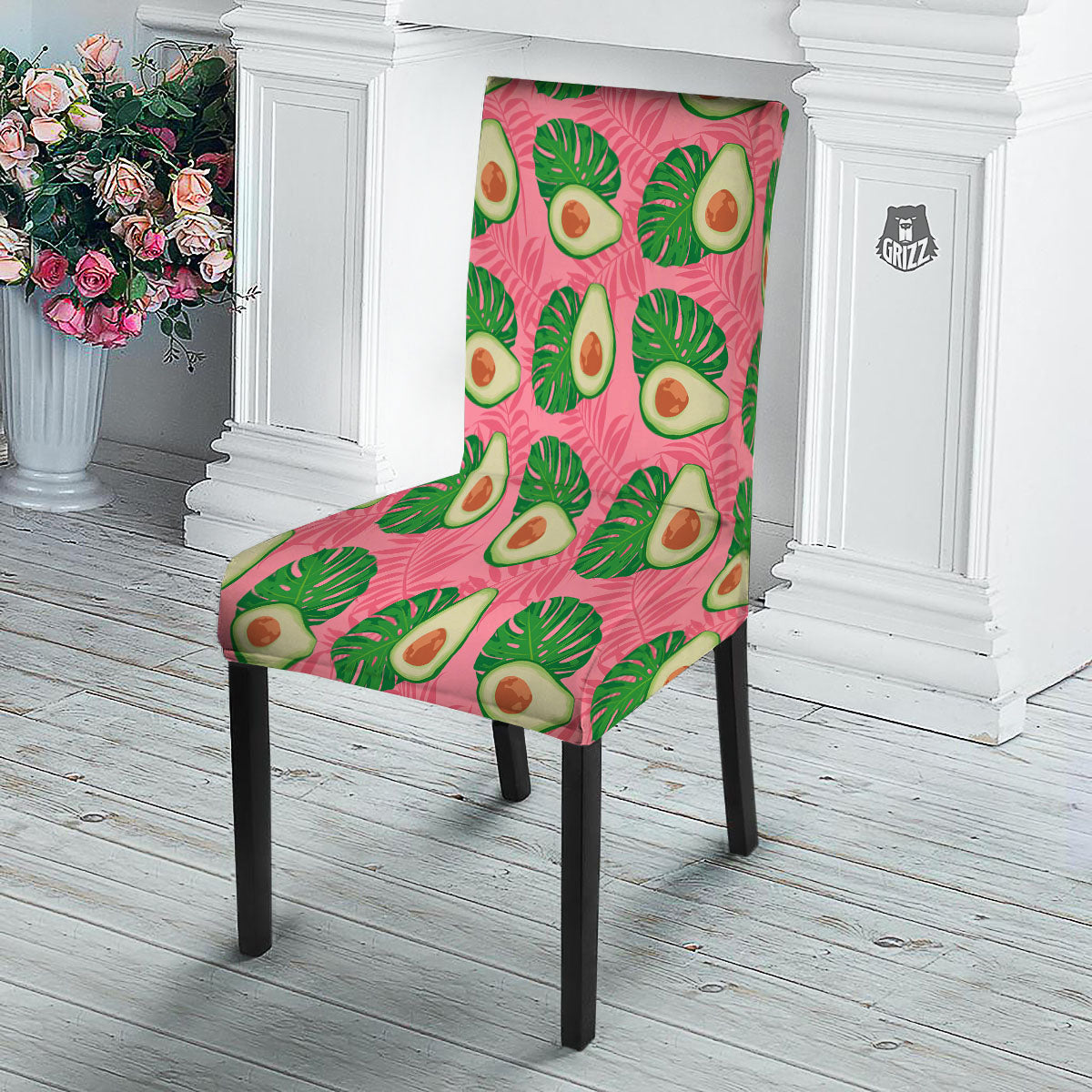 Plam Leaf And Avocado Pink Print Pattern Dining Chair Slipcover-grizzshop