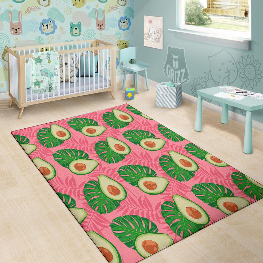 Plam Leaf And Avocado Pink Print Pattern Floor Mat-grizzshop